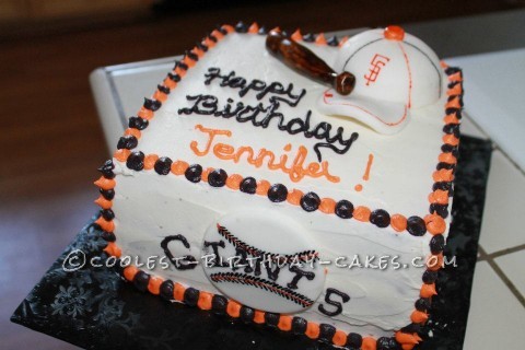 San Francisco Giants baseball cake! Giants jersey, baseball and a bat!  Happy Birthday Taylor! Chocolate cake wi…